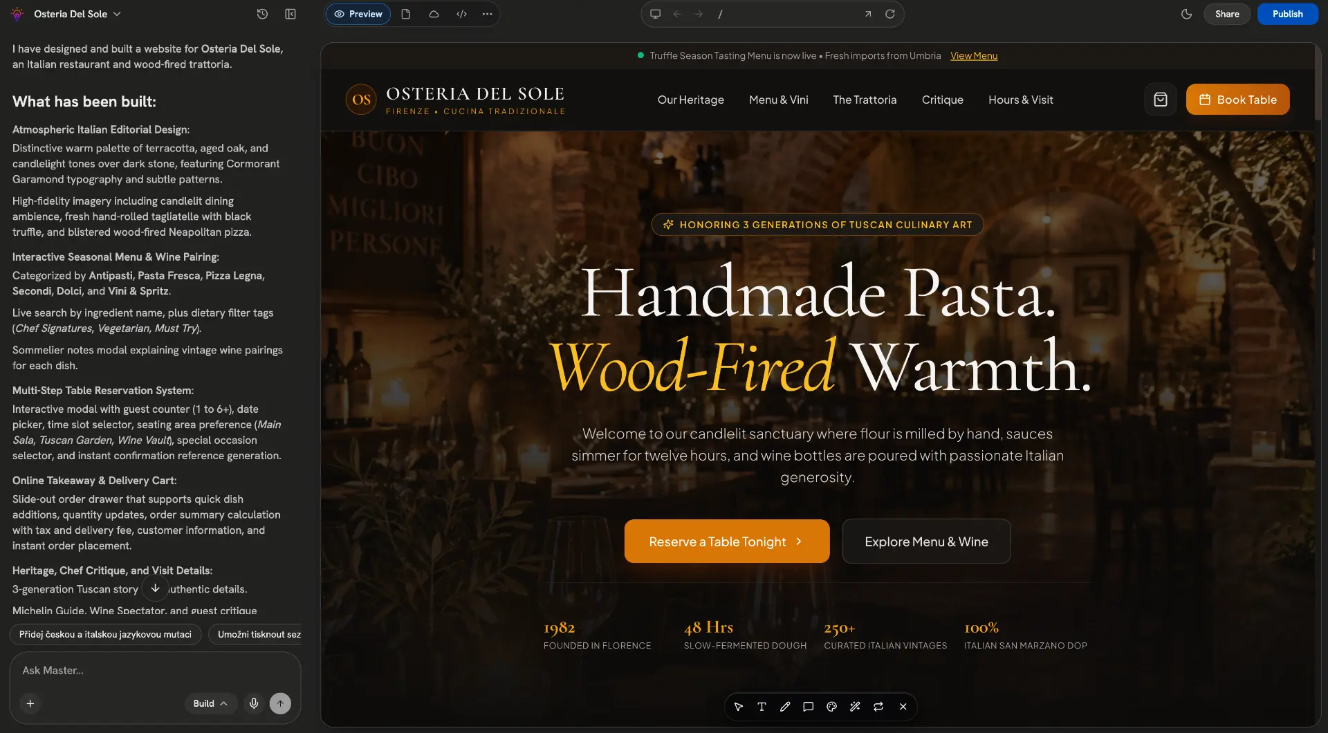 Master editor with chat on the left and a live restaurant website preview on the right