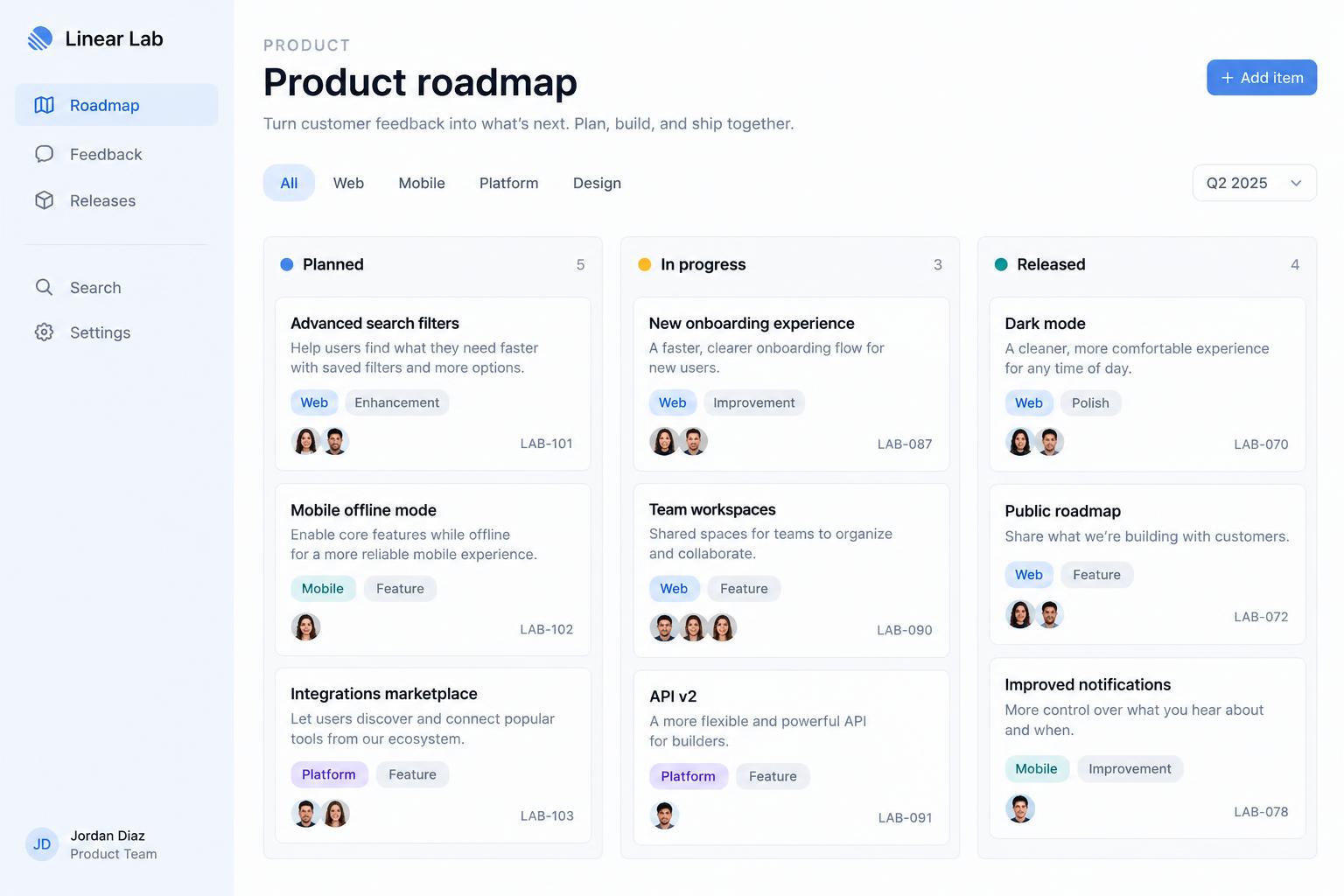 Illustrative product roadmap app with Planned, In progress, and Released columns